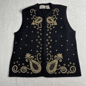Vtg Donnkenny Embroidered Button Vest Sweater Womens L Beads Pockets Party Y2K